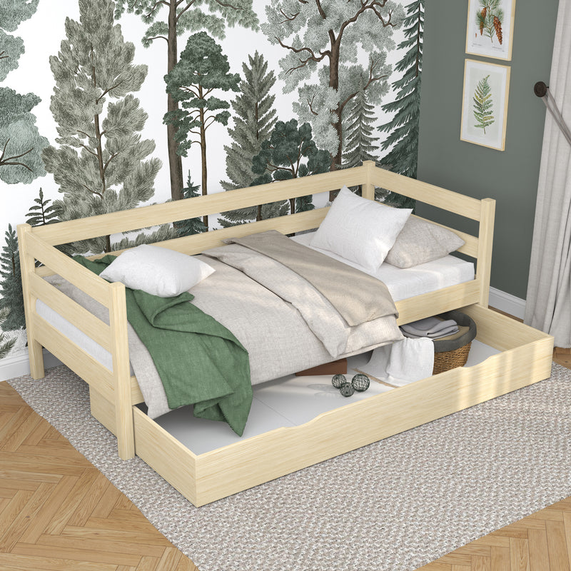 Sofa-lit avec tiroir en bois pin incolore – chambre d'enfant, style scandinave Nizio