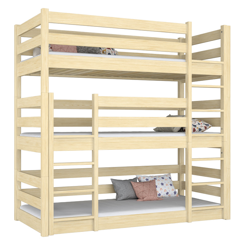 Lit superposé 3 niveaux en bois pin incolore – trois couchages, chambre d'enfant scandinave