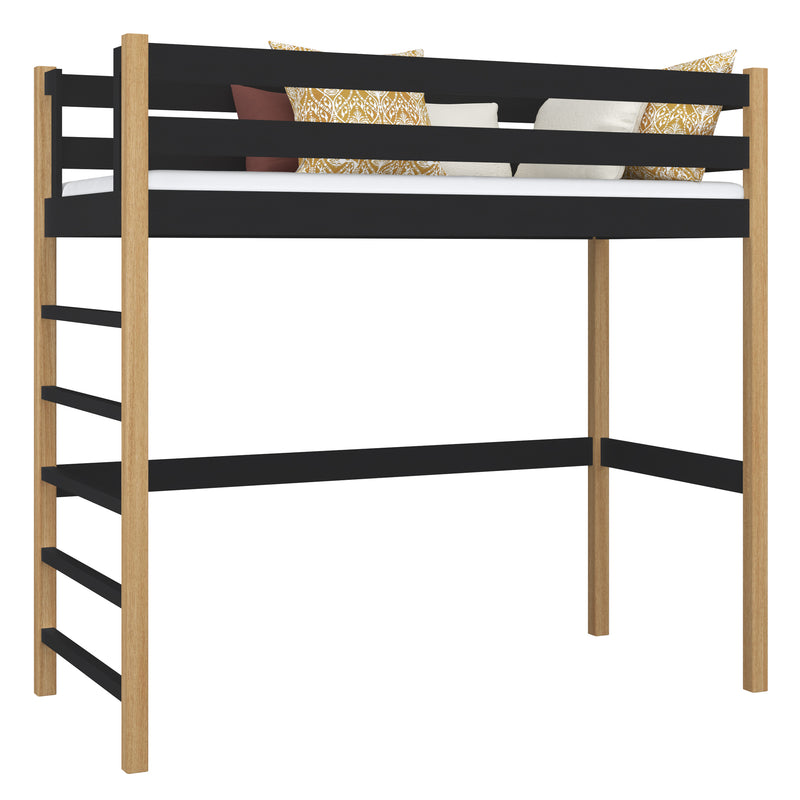 Lit mezzanine noir-chêne – échelle i barrière en bois, Nizio Home