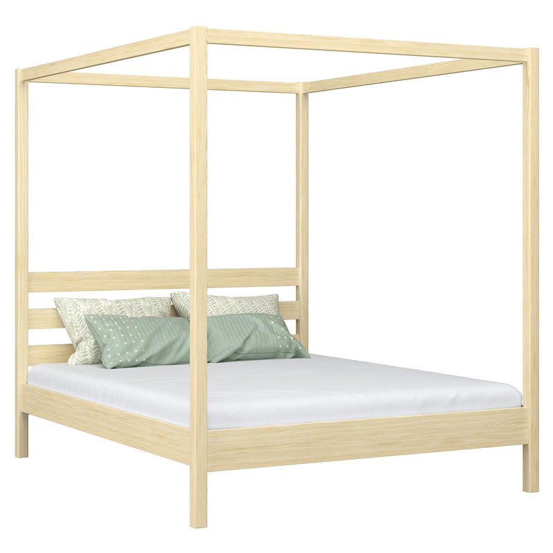 En bois lit double à baldaquin N01 pin incolore – vue générale, bois massif en pin