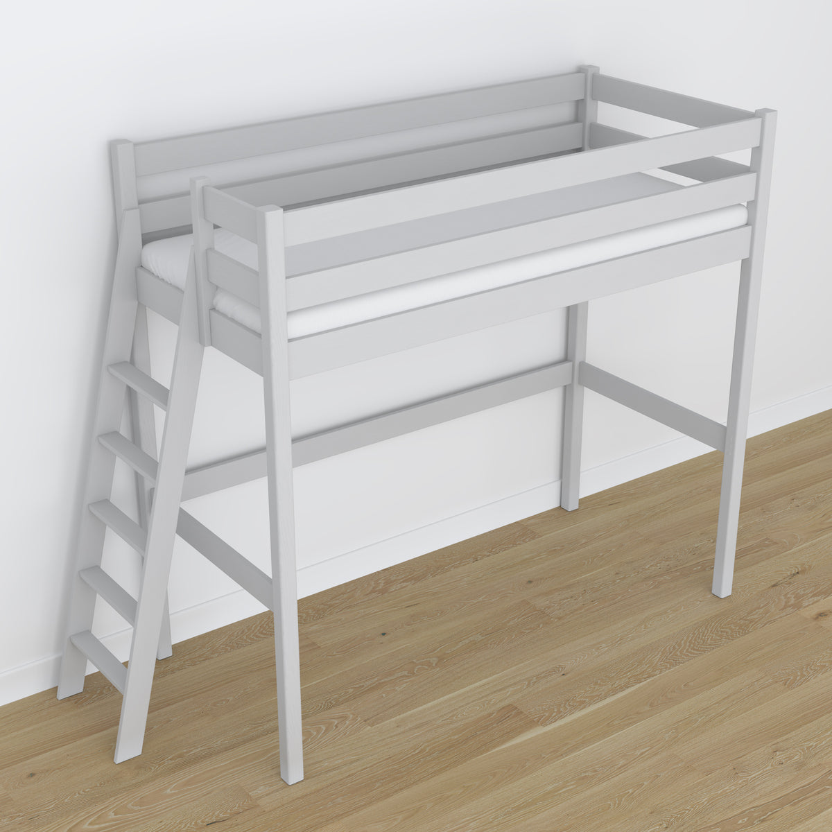 Lit mezzanine gris dans la chambre d'enfant – décoration scandinave, en bois