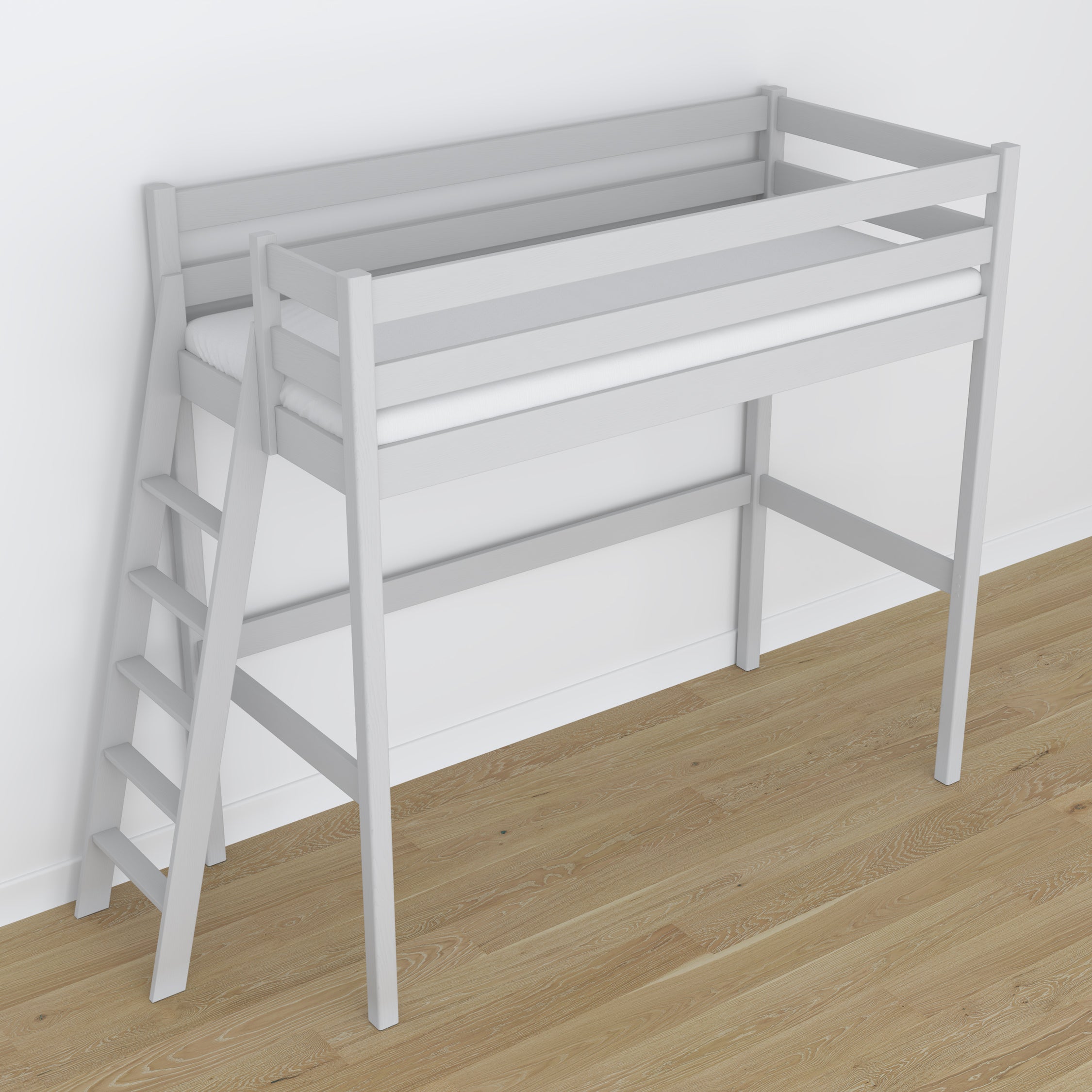 Lit mezzanine gris dans la chambre d'enfant – décoration scandinave, en bois