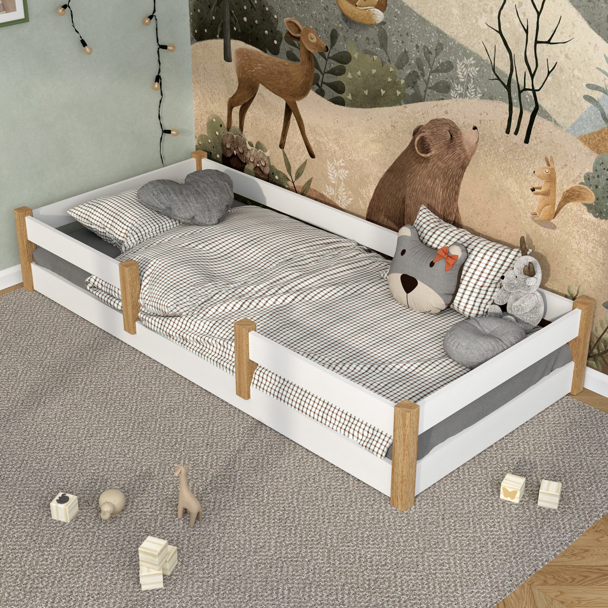 Lit bas en bois blanc-chêne – détails des assemblages, Nizio Home
