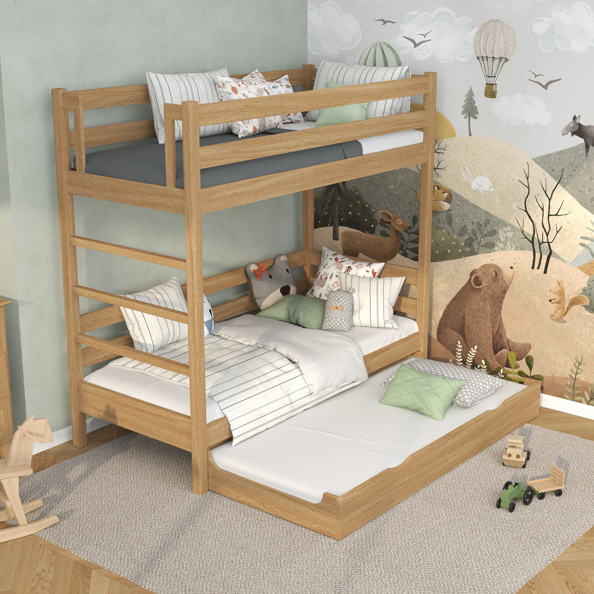 Lit superposé en chêne chêne naturel – échelle, barrières, tiroir na dodatkowy matelas