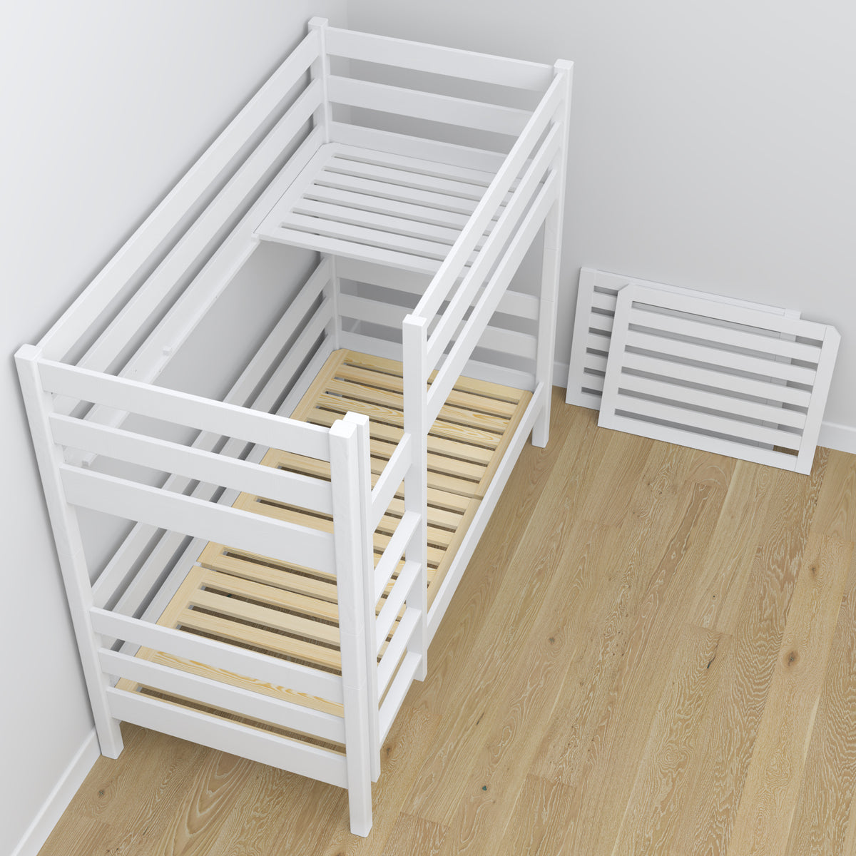 Lit superposé en bois blanc – sommier à lattes, durable assemblages de menuiserie