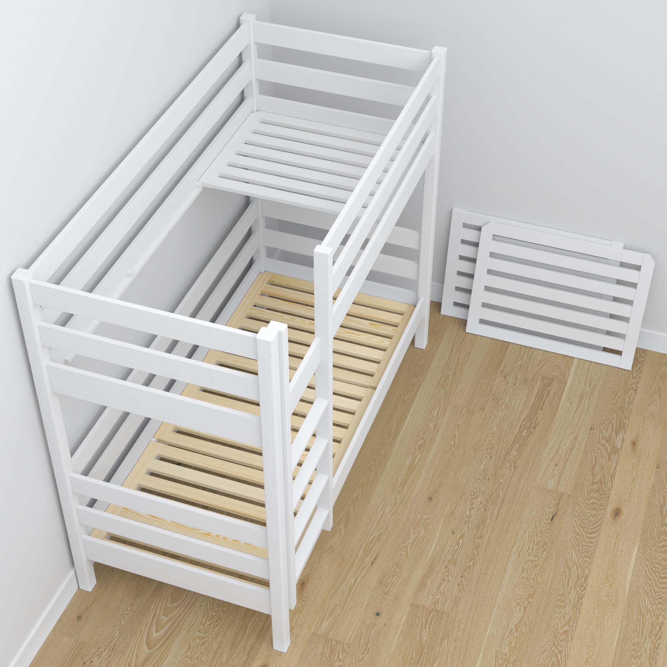 Lit superposé en bois blanc – sommier à lattes, durable assemblages de menuiserie