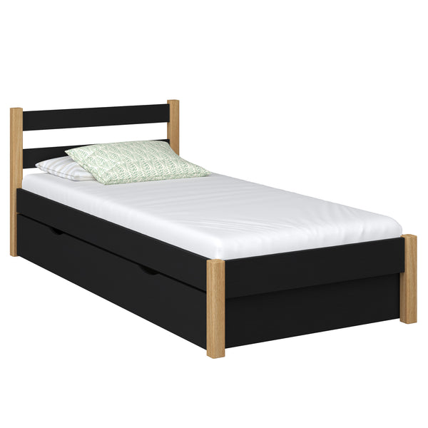 Lit simple avec tiroir en bois noir-chêne – chambre d'enfant, style scandinave
