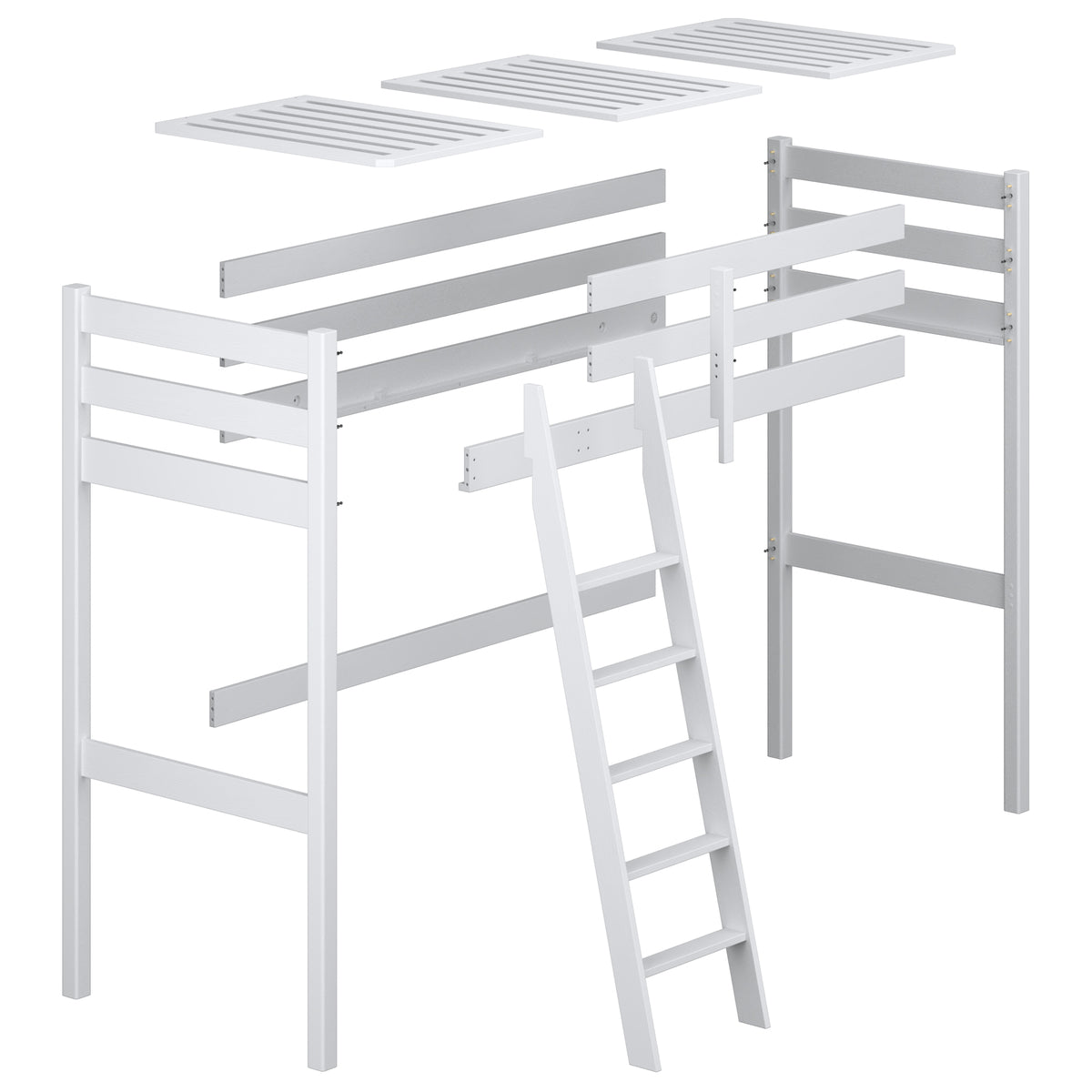 Lit mezzanine gris – montants et assemblages en bois, gros plan sur la qualité