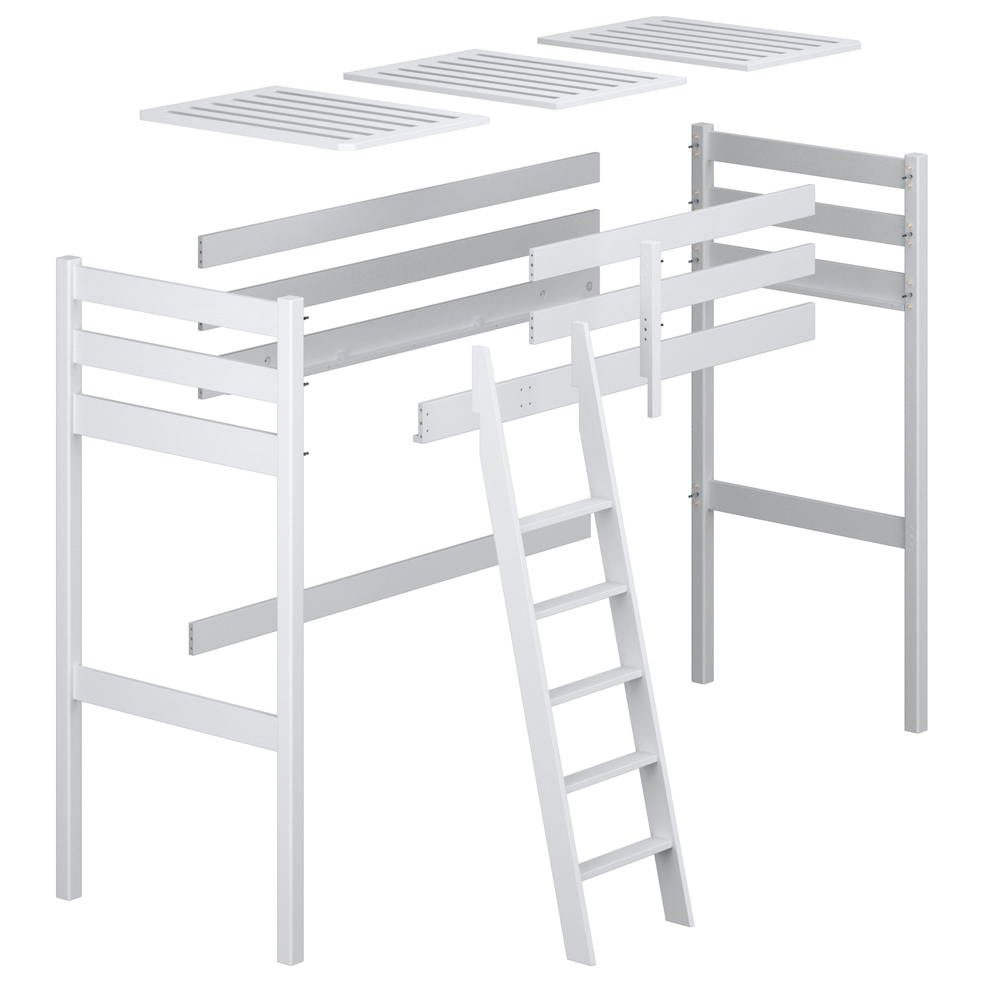 Lit mezzanine gris – montants et assemblages en bois, gros plan sur la qualité