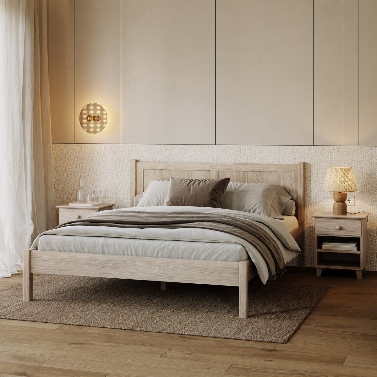 Lit double en chêne chêne blanchi – chambre, bois massif, style scandinave