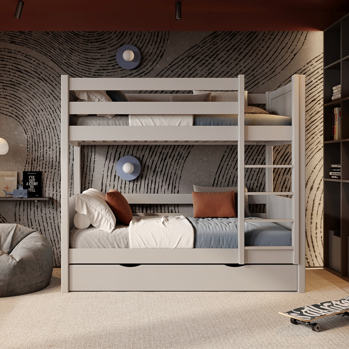 Lit superposé en bois gris – tiroir ouvert, rangement sous le lit