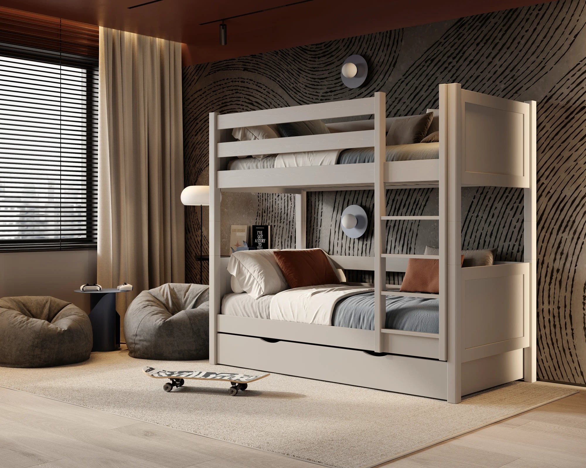 Lit superposé gris pour enfants – dwie chambree i tiroir, en bois