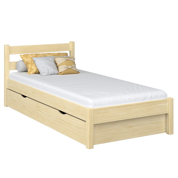 Lit simple avec tiroir en bois pin incolore – chambre d'enfant, style scandinave