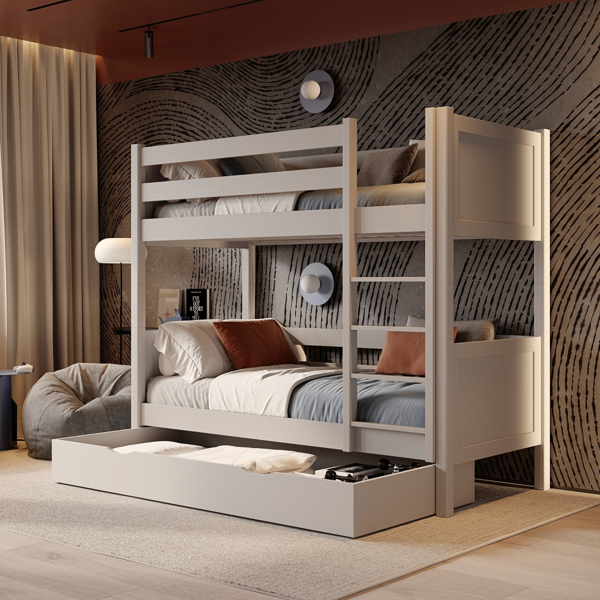 Lit superposé gris z tiroir – barrière i échelle en bois, Nizio