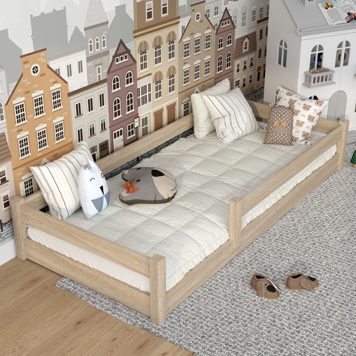 Lit bas chêne blanchi w chambre – décoration scandinave, en chêne
