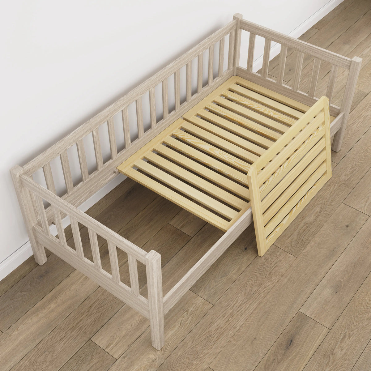 Sofa-lit en chêne chêne blanchi – vue de la tête de lit, chambre d'enfant