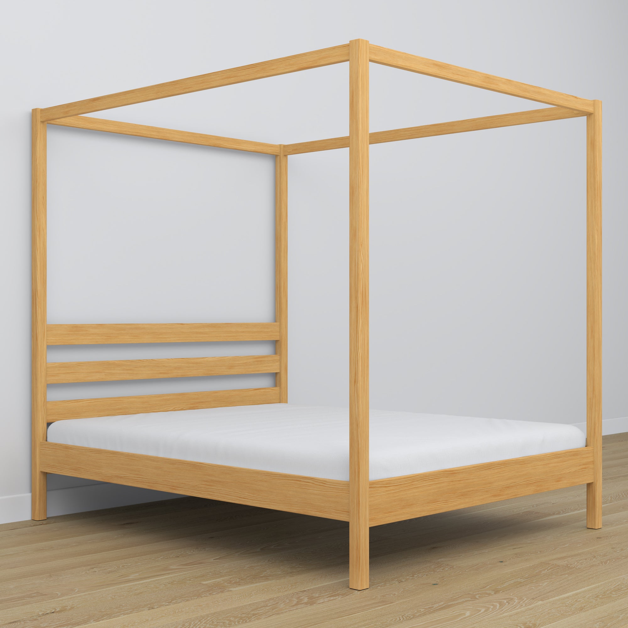Lit double pin naturel avec baldaquin – cadre décoratif en bois, scandinave
