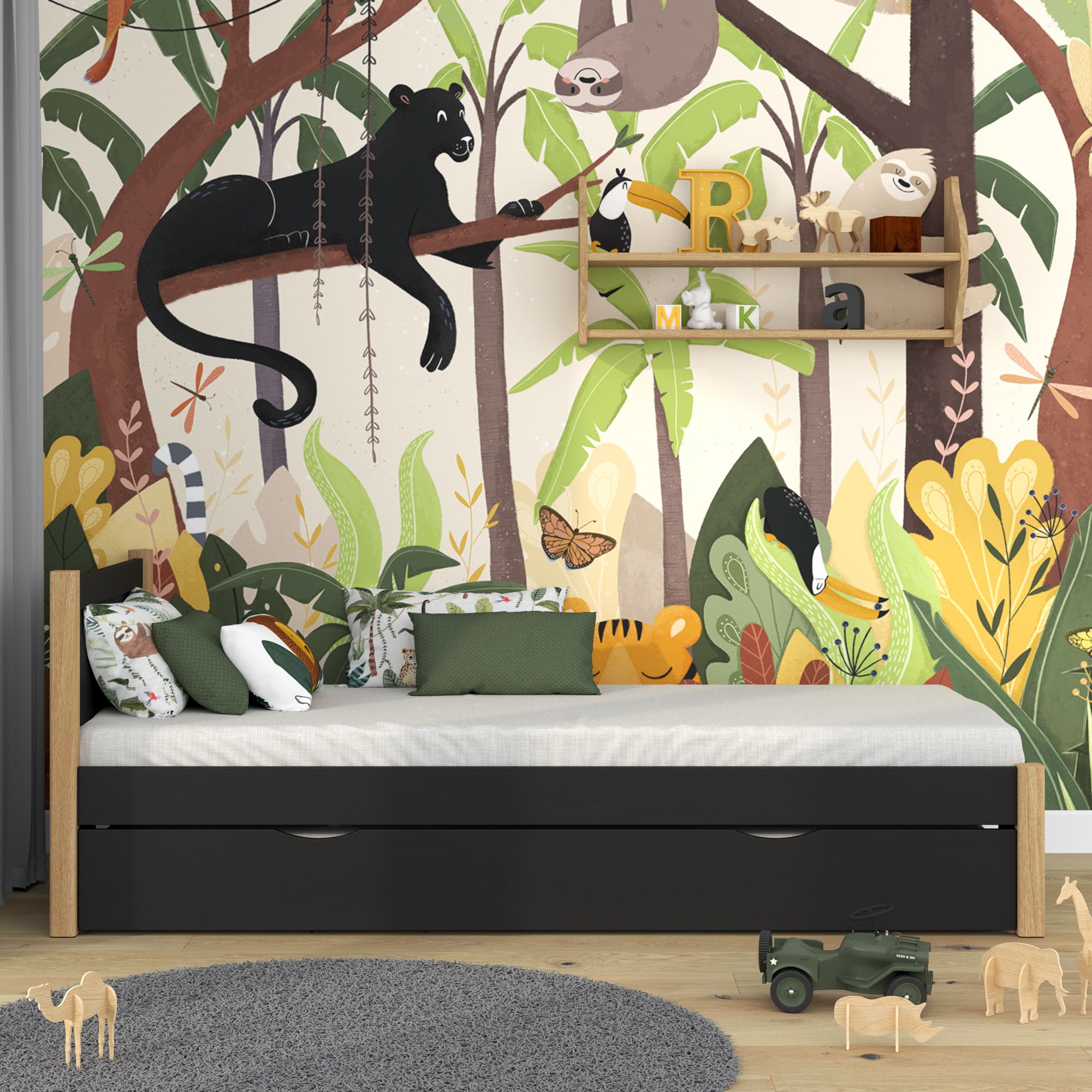 Lit noir-chêne z tiroir na matelas – vue de côté, en bois, Nizio Home