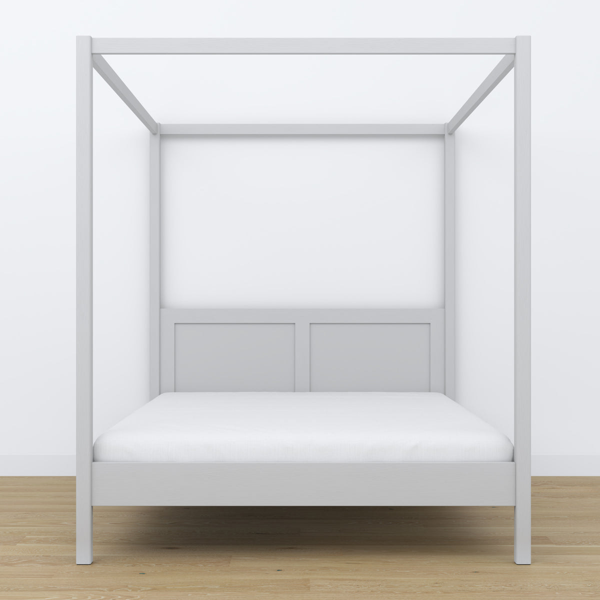 Lit double à baldaquin en bois gris – tête de lit et cadre, gros plan