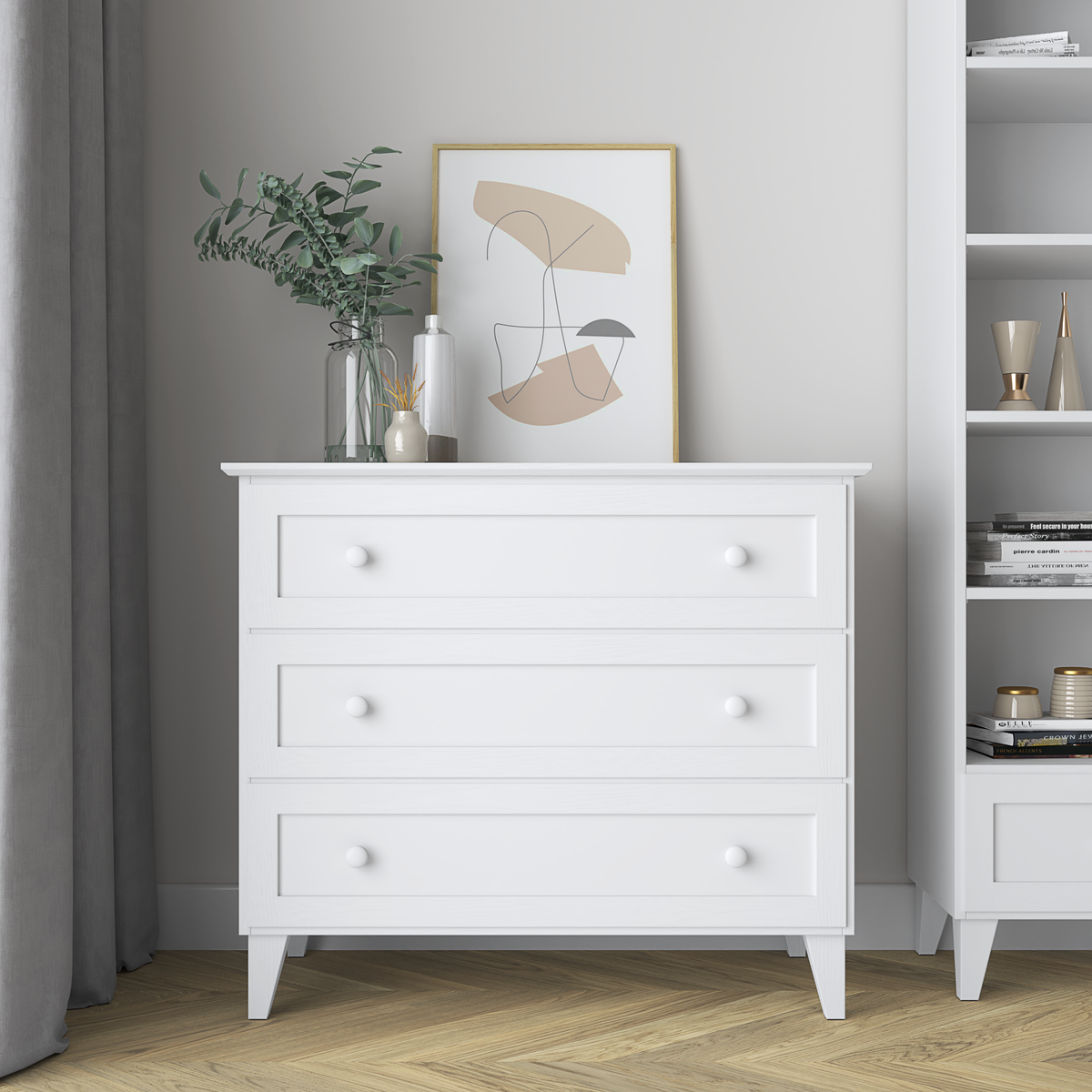 Commode 3S en bois blanc – szuflady otwarte, pojemne l'intérieur rangements