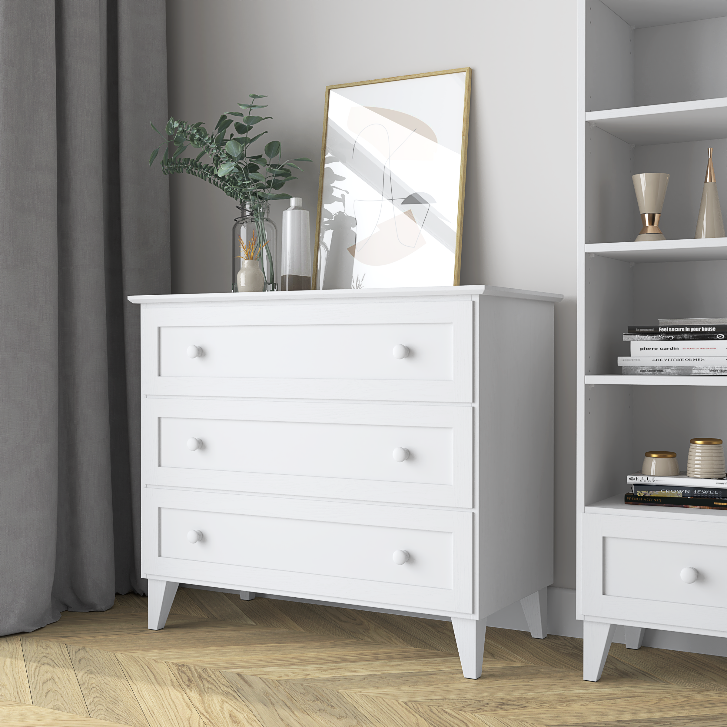 Commode 3S blanc – en bois, szuflady fermé, vue frontale, Nizio