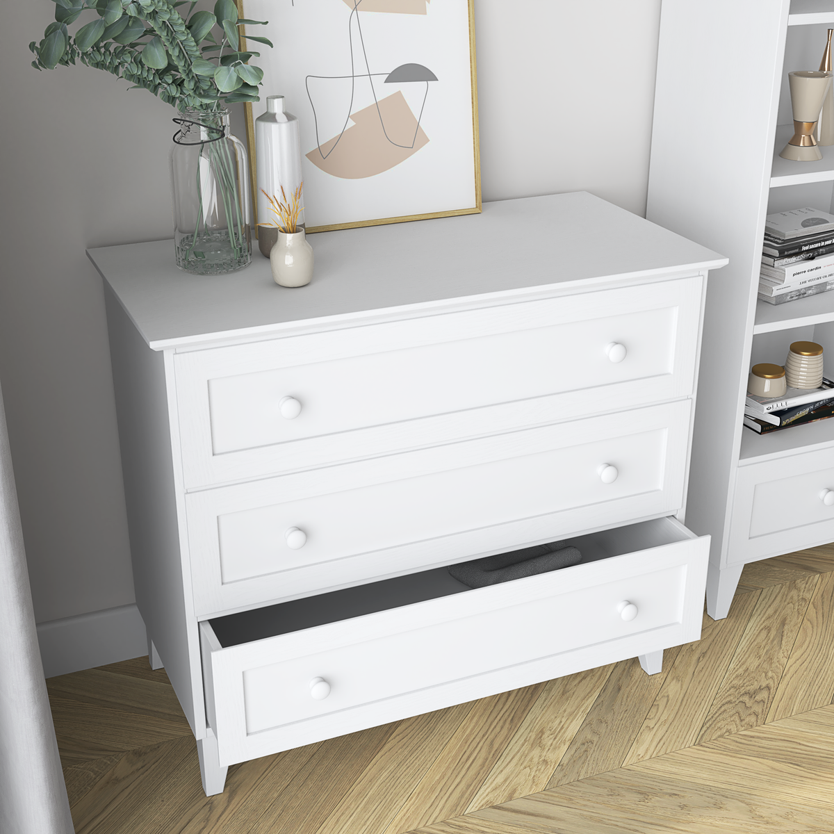 Commode 3S blanc en bois – vue de côté, kompaktowa forme