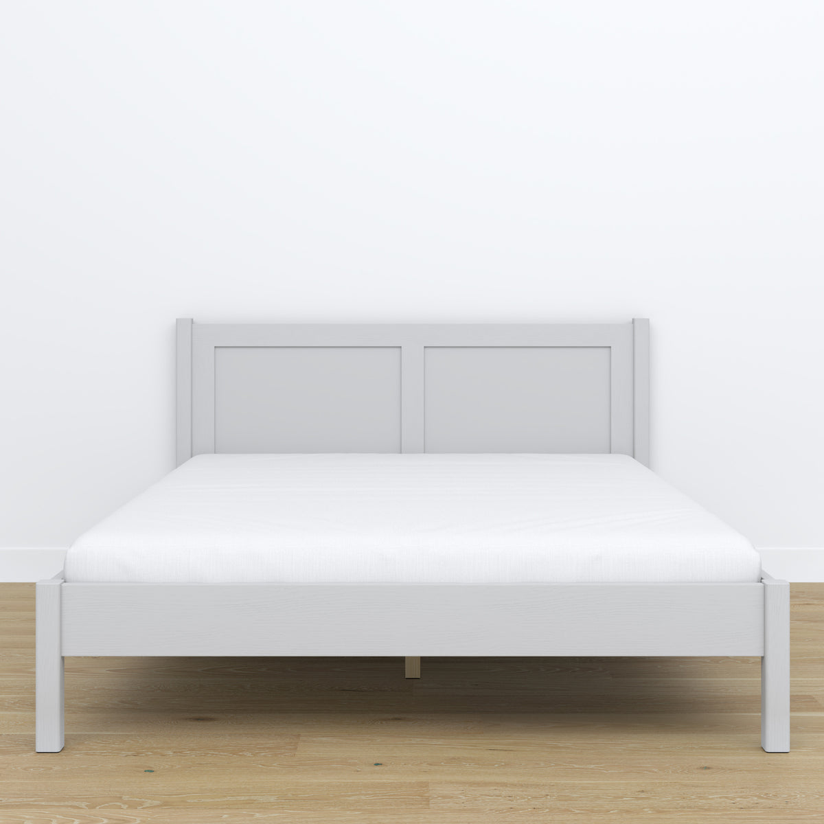 Lit double en bois gris – vue de côté, proportions et forme, chambre