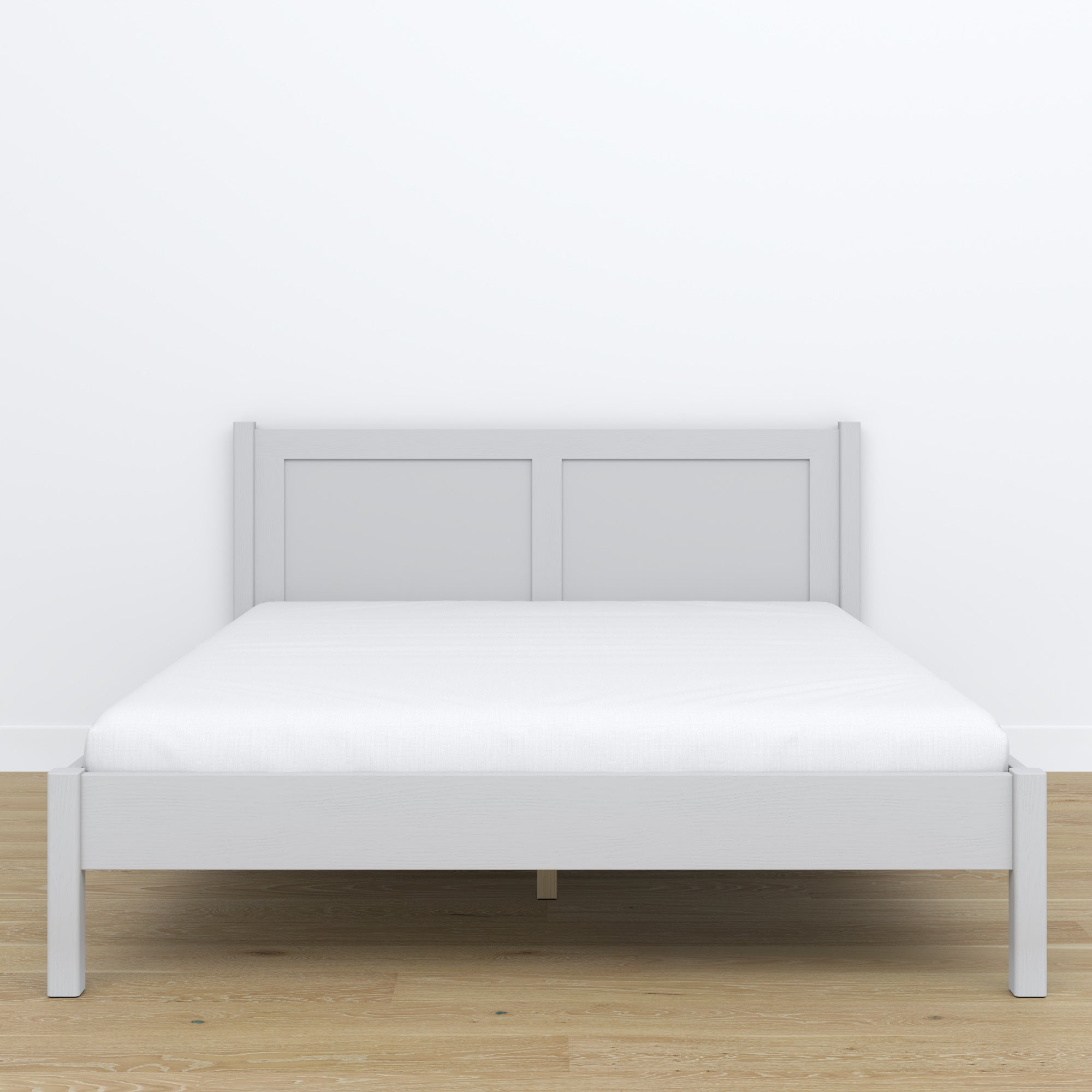 Lit double en bois gris – vue de côté, proportions et forme, chambre