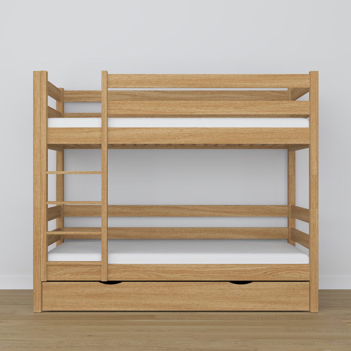 Lit superposé en chêne chêne naturel – détails des assemblages et de l'échelle, chambre d'enfant