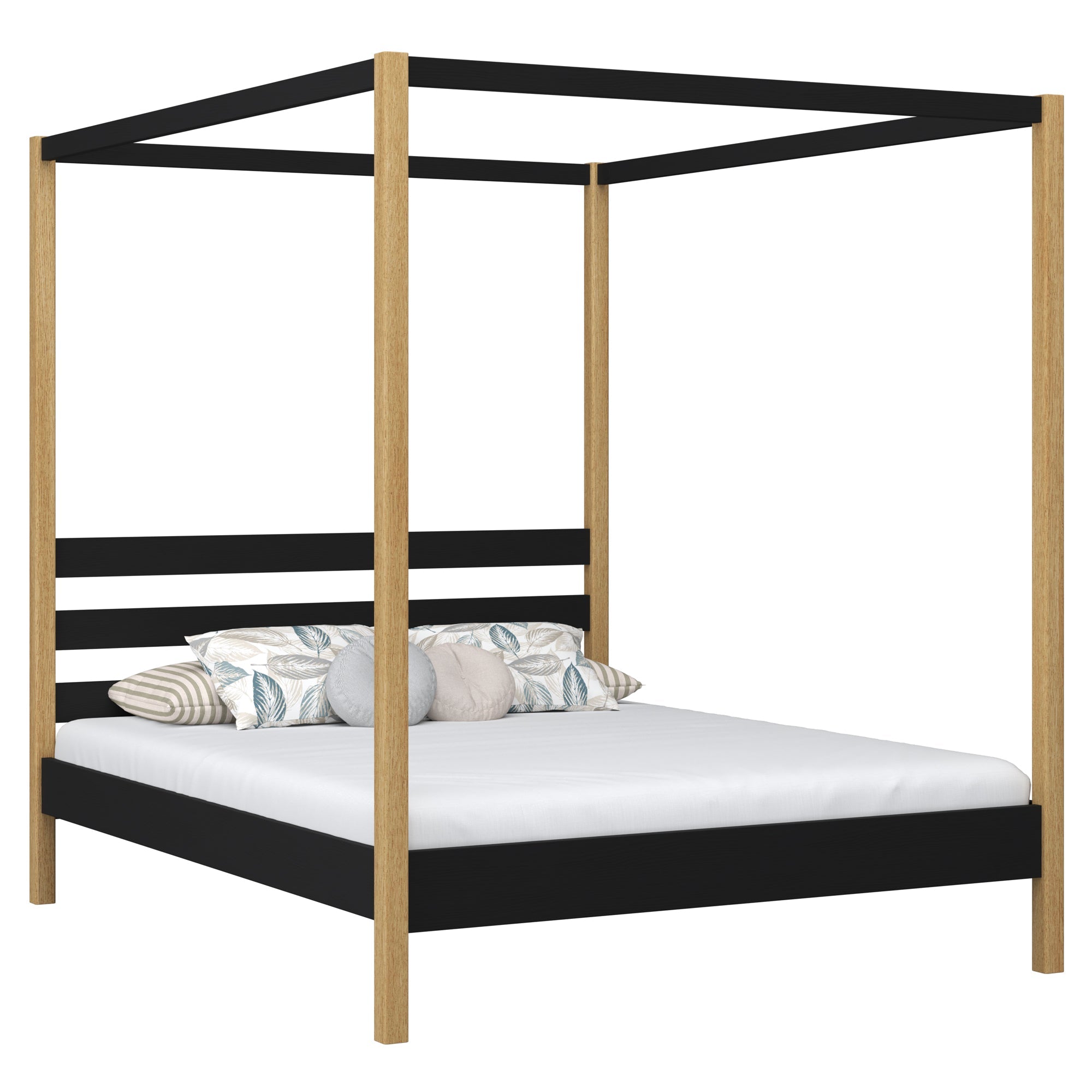 Lit double à baldaquin noir-chêne – sommier i lattes, en bois, Nizio
