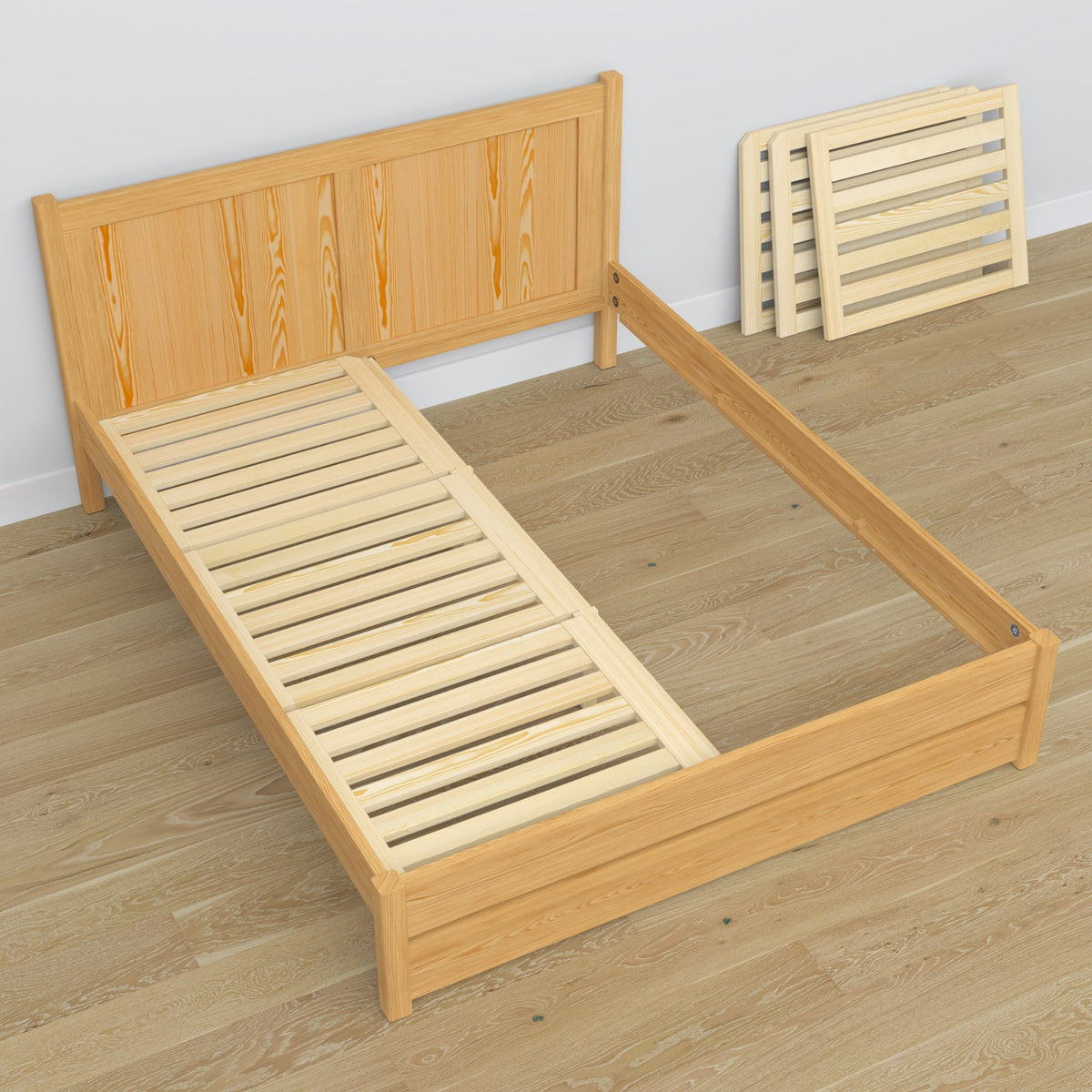 Lit double pin naturel en bois – dimensions et schéma, Nizio Home
