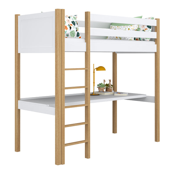White and Oak Wooden Loft Bed with Desk – Children’s Room, Scandi Nizio