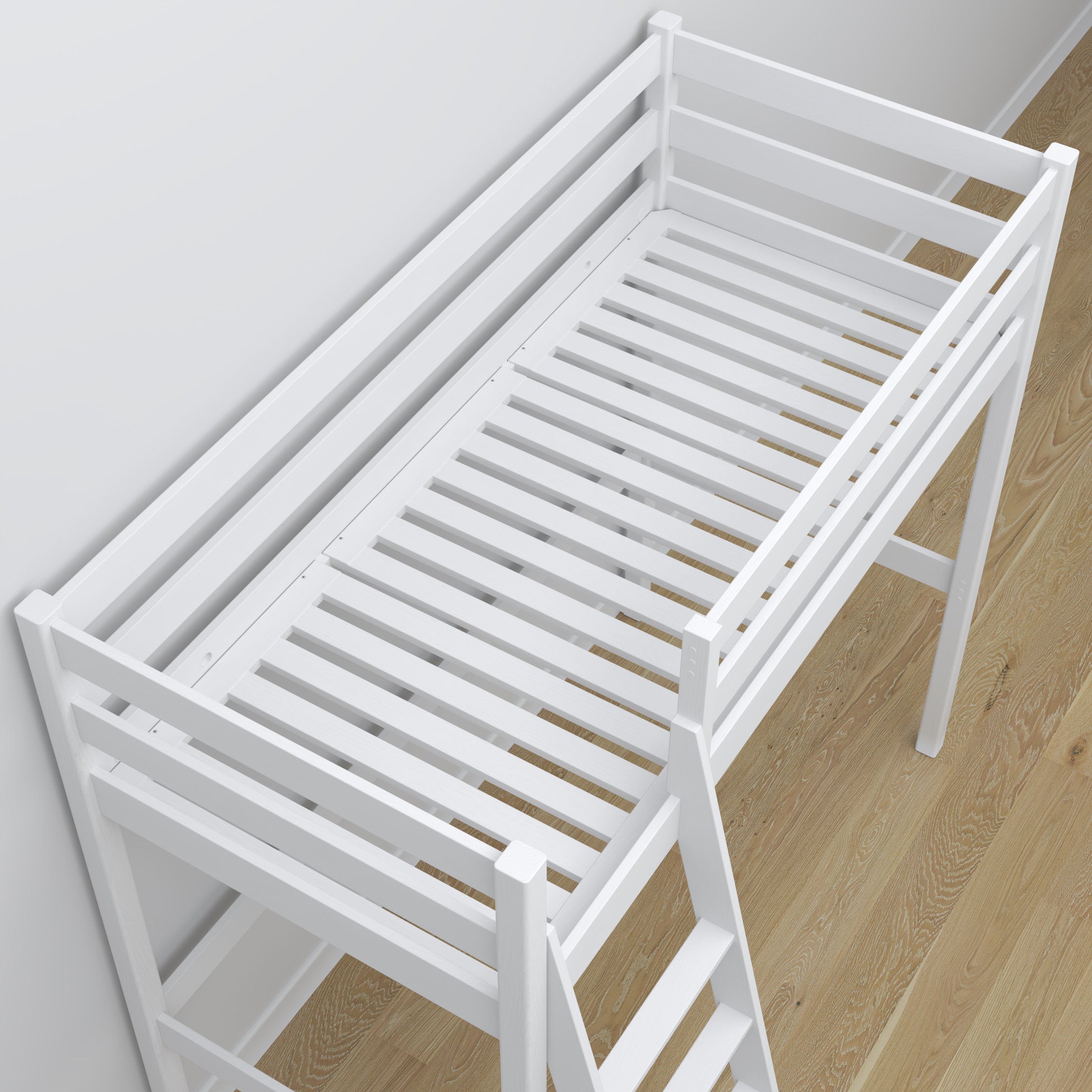 Lit mezzanine blanc en bois – vue du dessus na chambre, Nizio