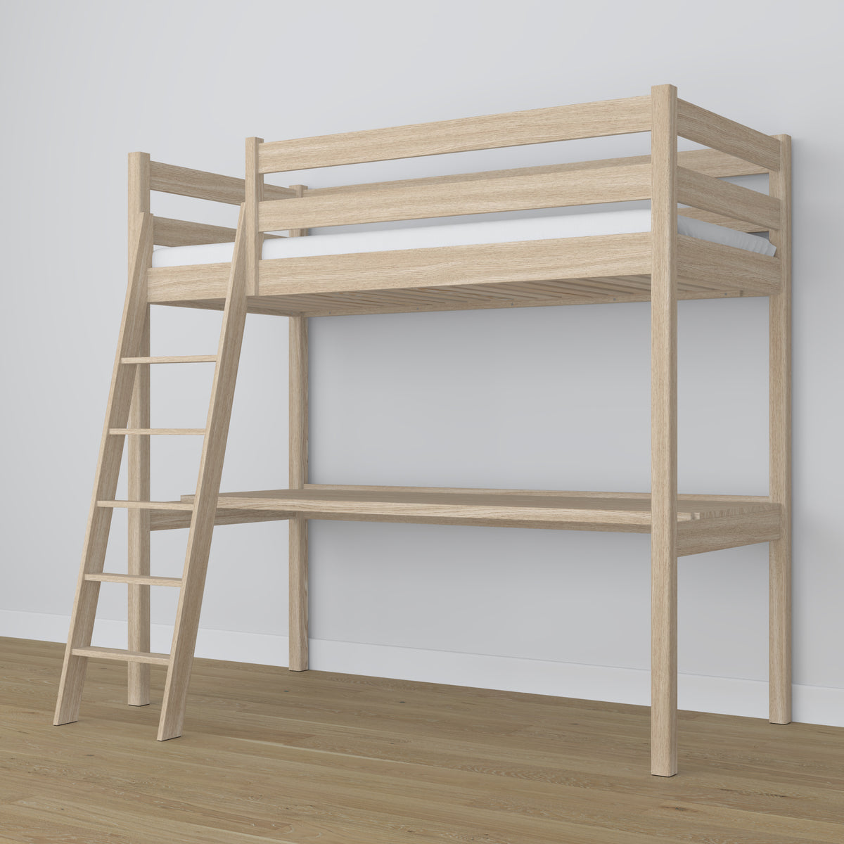 Lit mezzanine en chêne chêne blanchi avec bureau – sommier i lattes, Nizio
