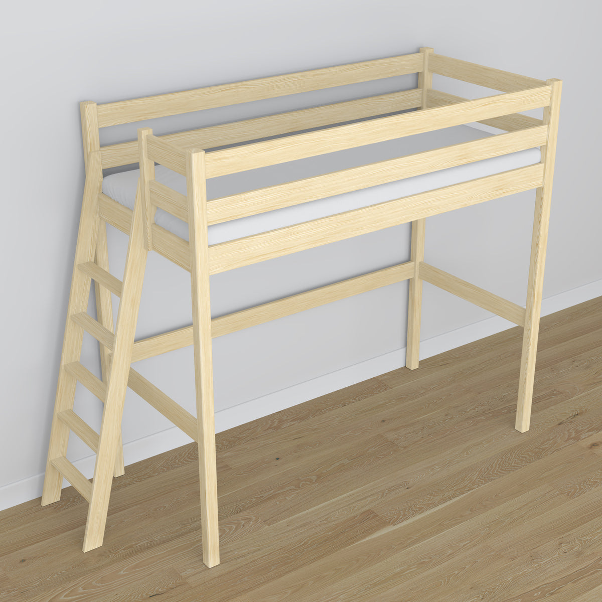 Lit mezzanine pin incolore en bois – vue du dessus na chambre