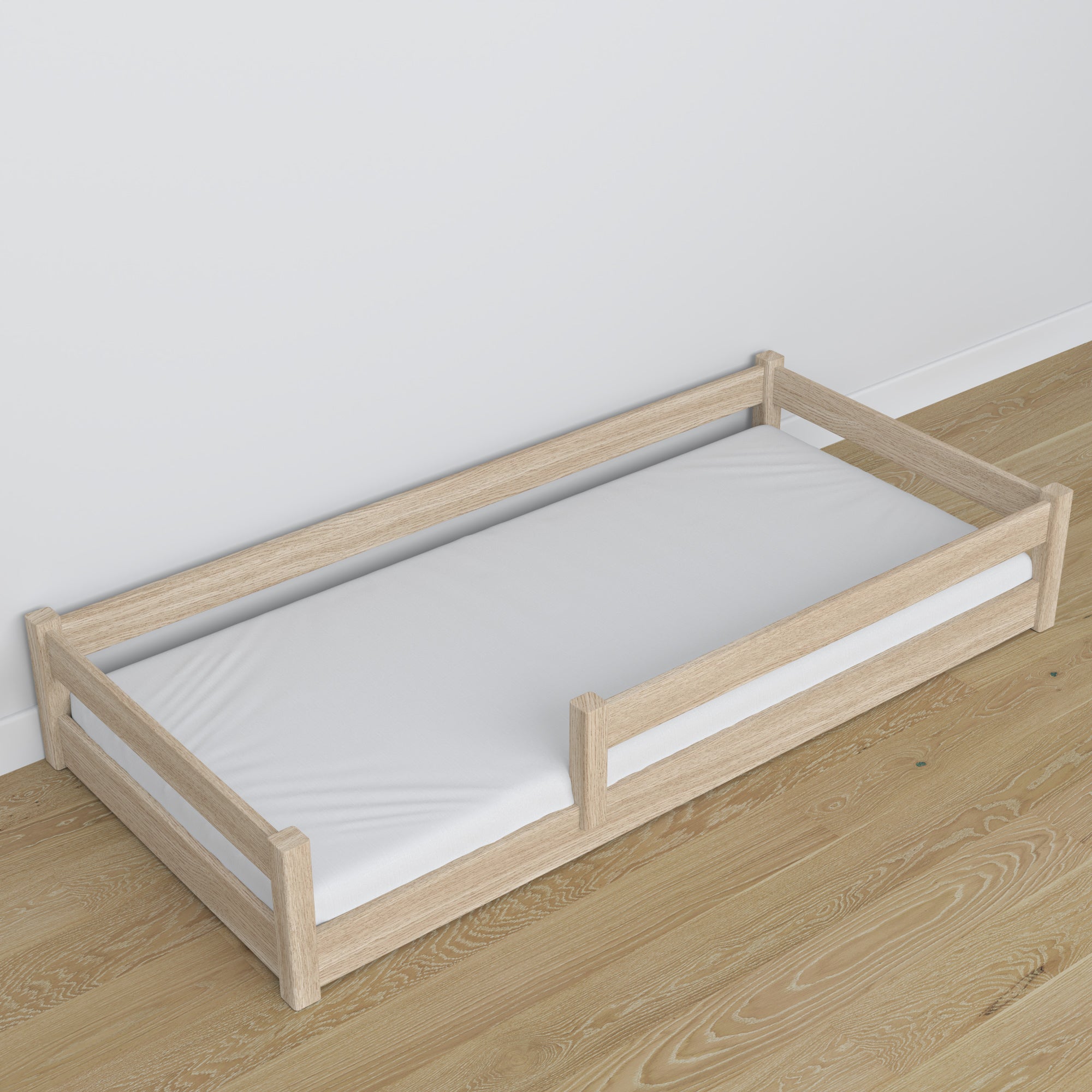 Lit bas en chêne chêne blanchi – vue en biais, chambre