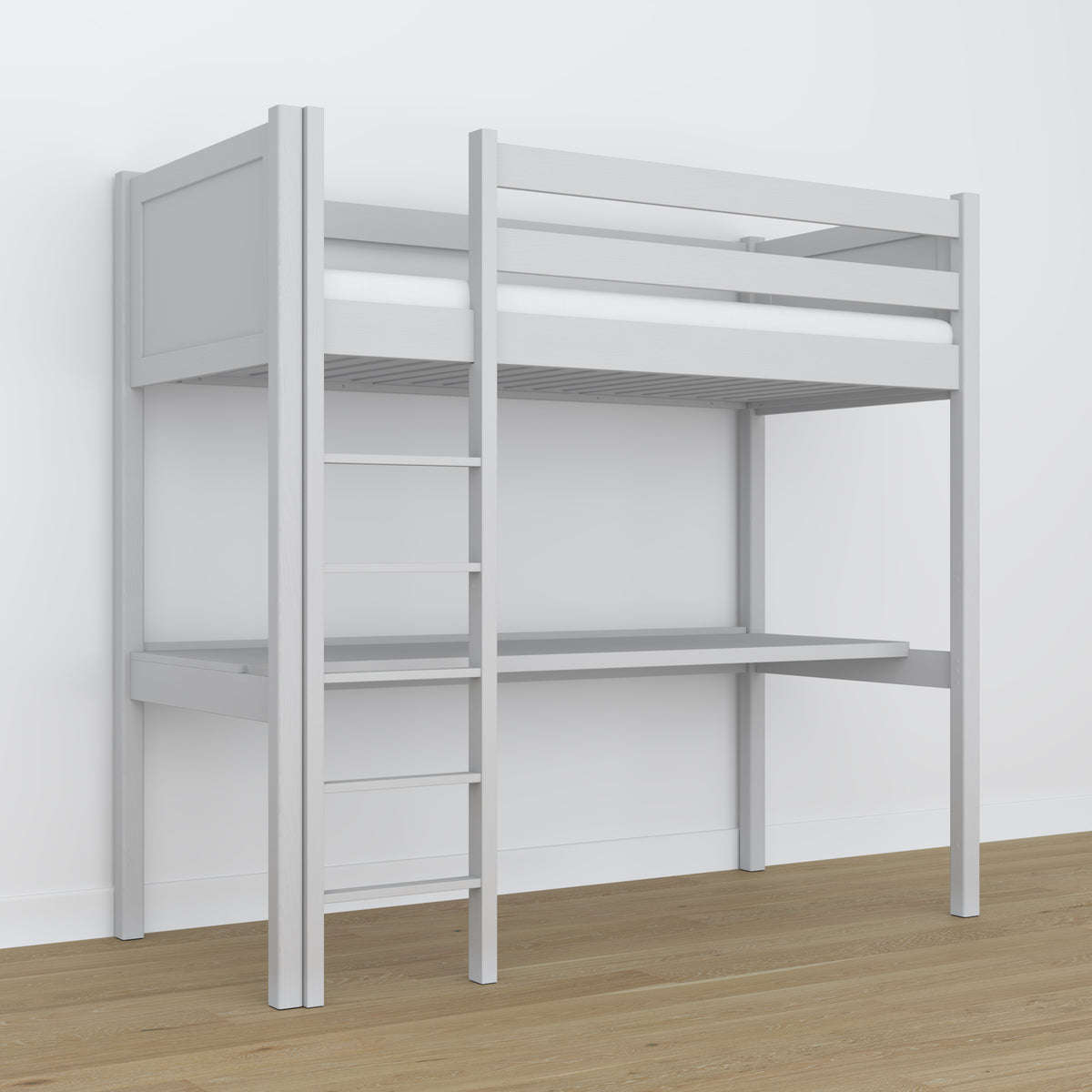 Lit mezzanine avec bureau en bois gris – détails des assemblages et de l'échelle