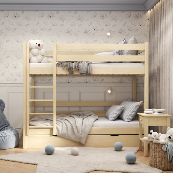 Lit superposé avec tiroir en bois pin incolore – chambre d'enfant, bois massif, scandinave
