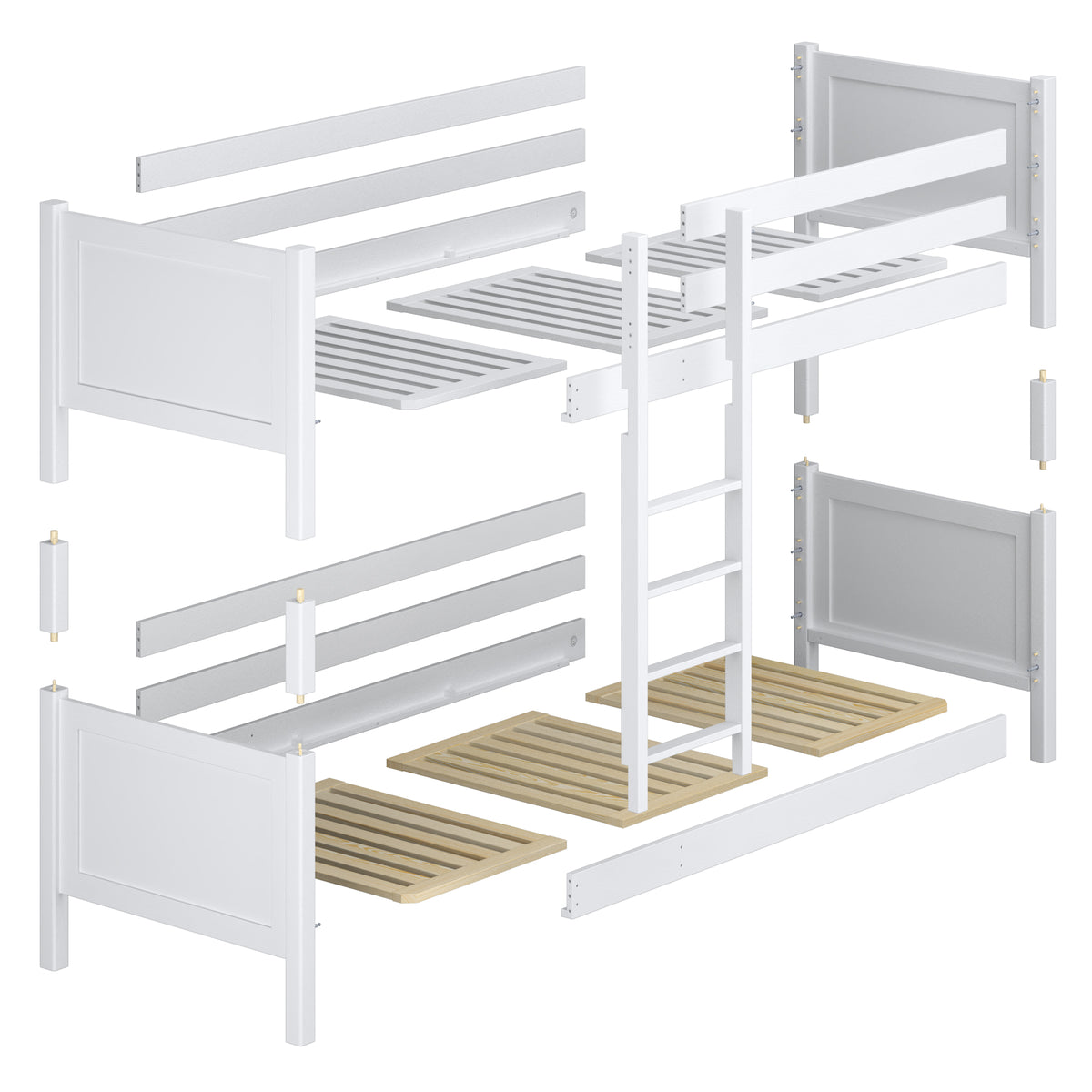 Lit superposé en bois gris – couchage supérieur et inférieur, scandinave