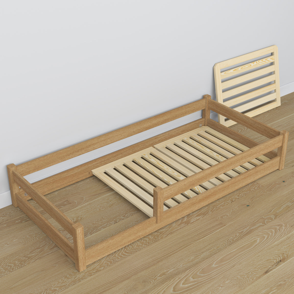 Lit bas en chêne chêne naturel – vue en biais, chambre