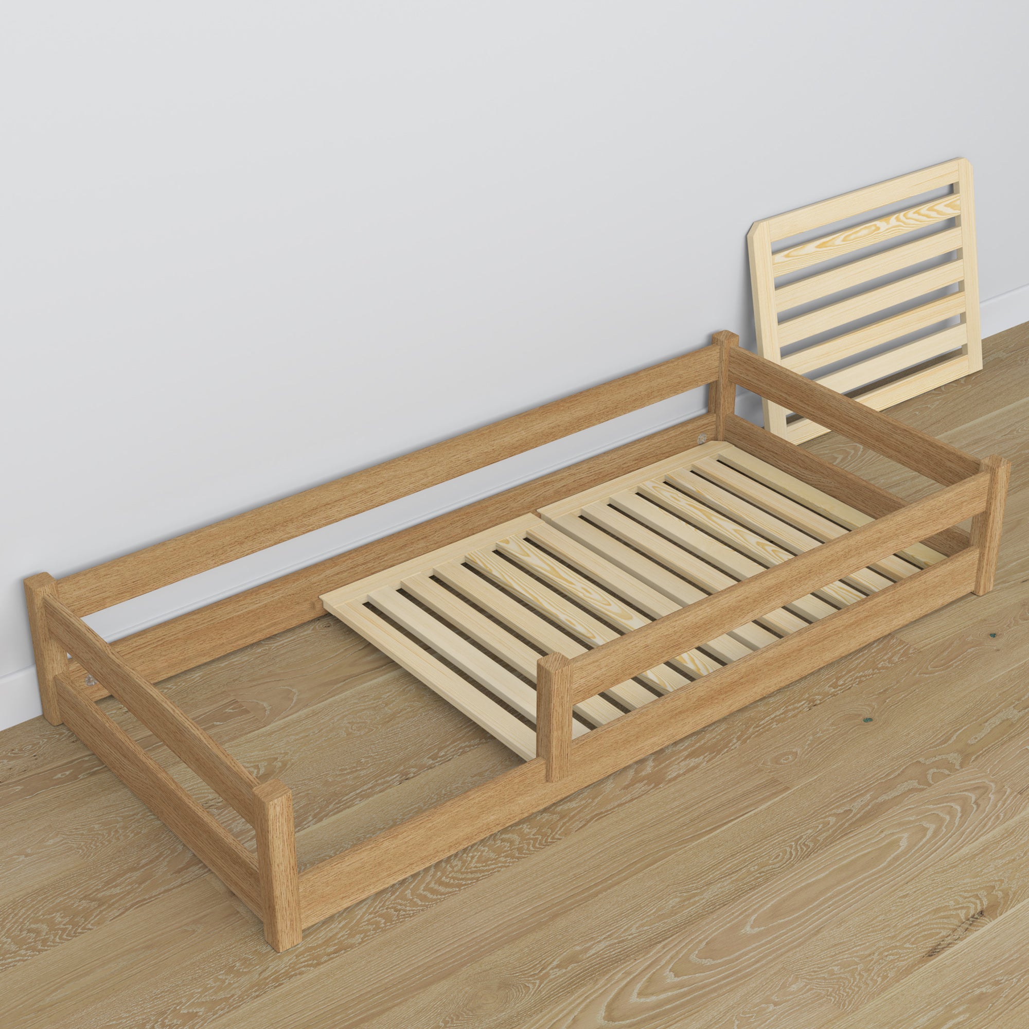 Lit bas en chêne chêne naturel – vue en biais, chambre