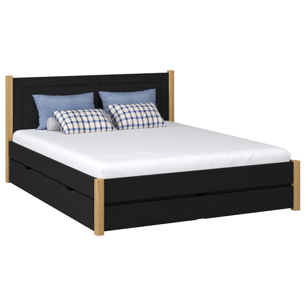 Łóżko podwójne z szufladą drewniane czarny z dębem – sypialnia, schowek, styl scandi