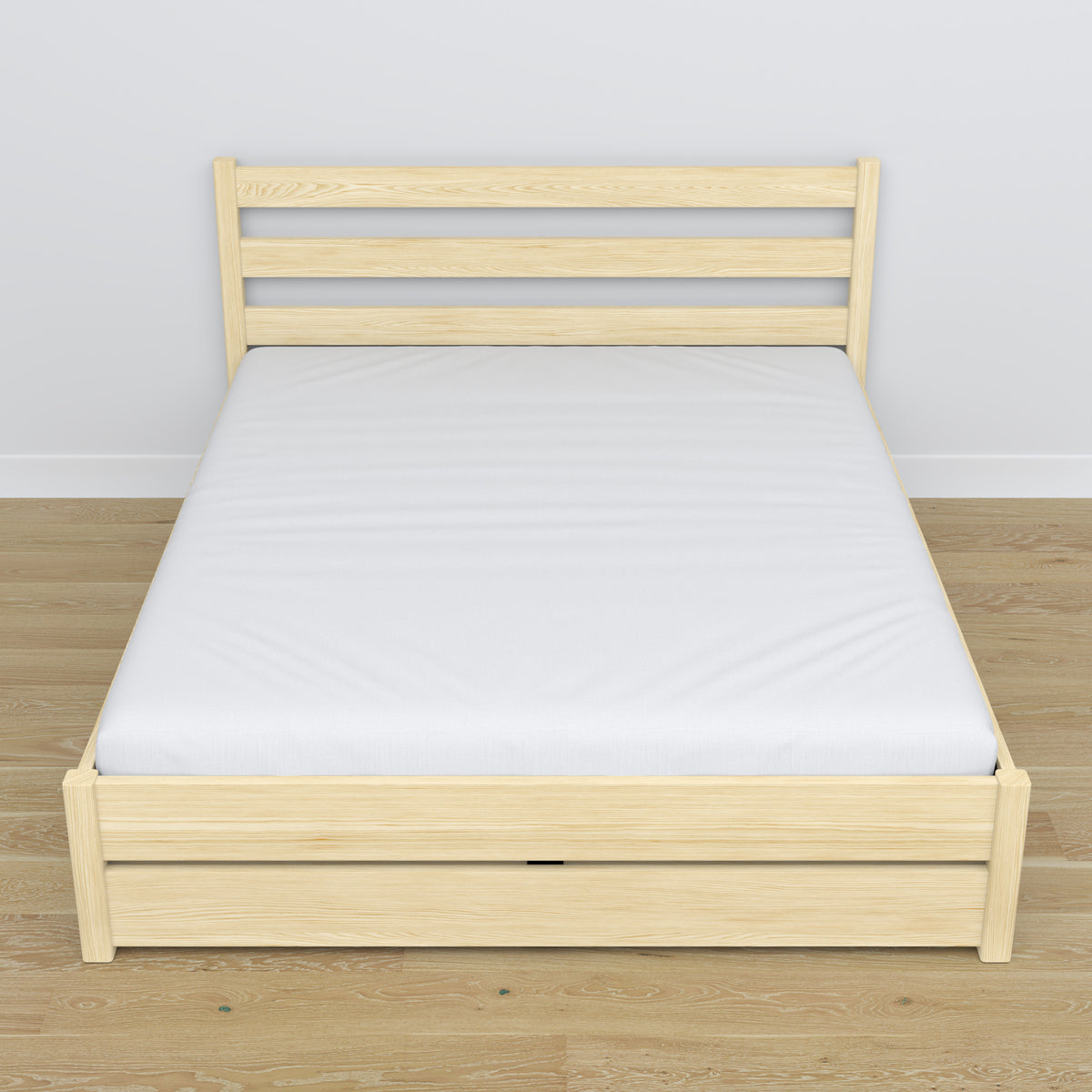 Lit double avec tiroir en bois pin incolore – vue en biais, chambre scandinave