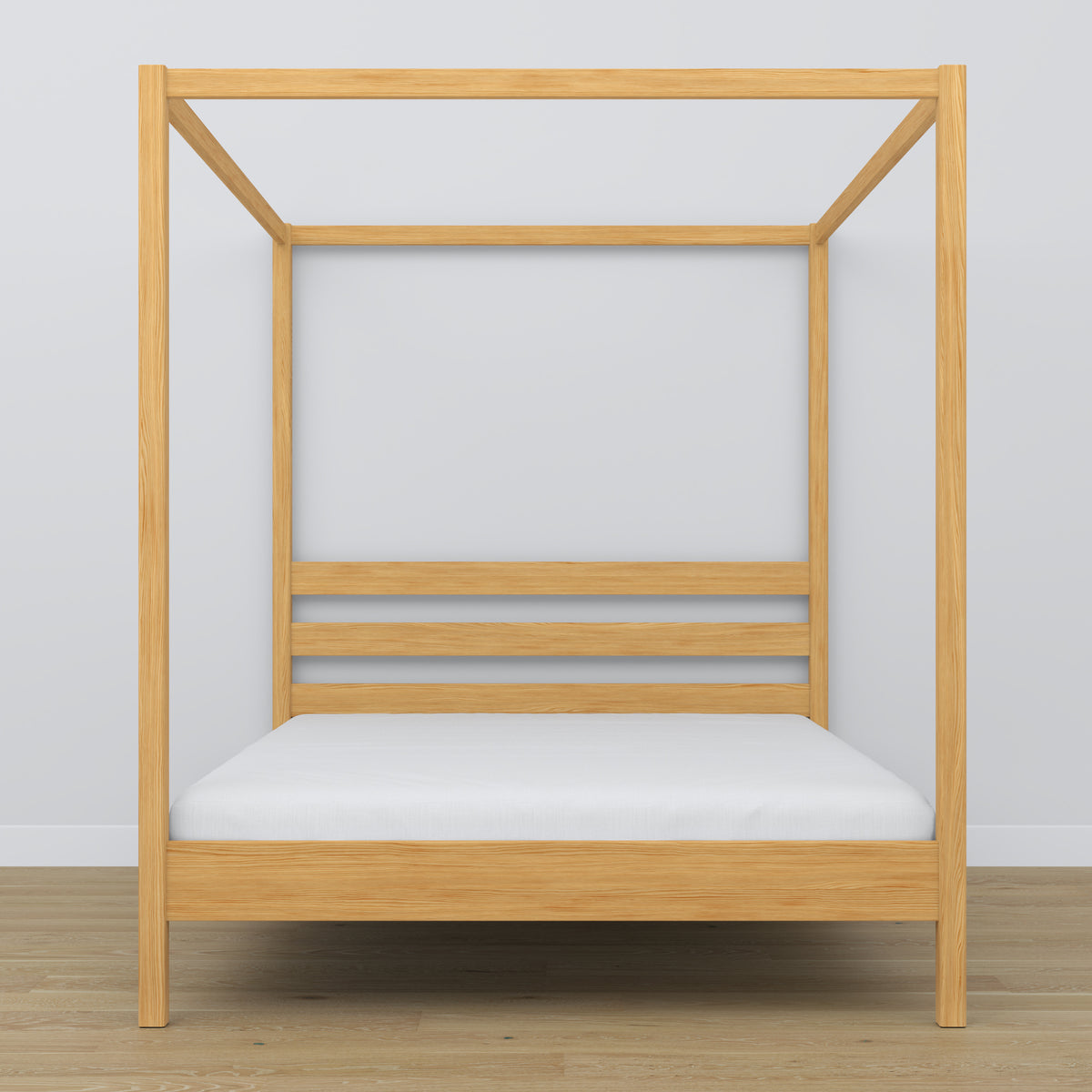 Lit double à baldaquin en bois pin naturel – tête de lit et cadre, gros plan
