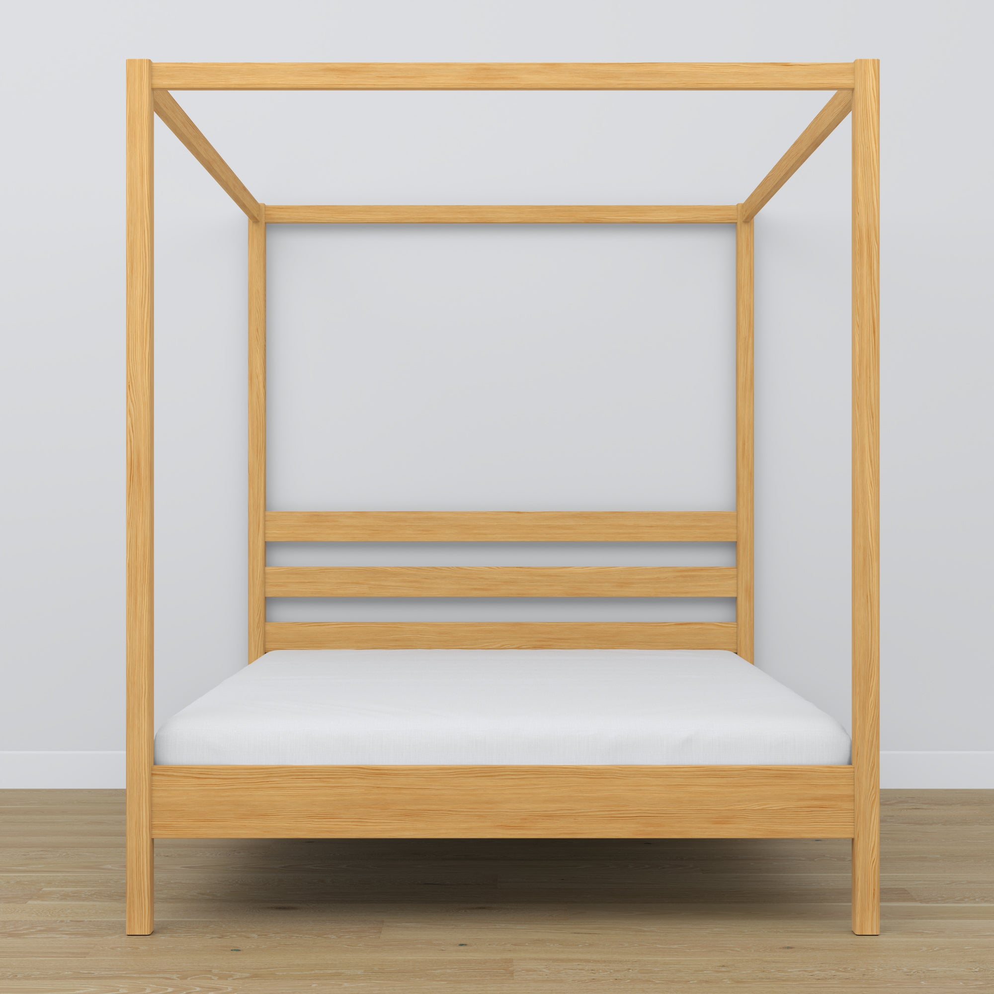 Lit double à baldaquin en bois pin naturel – tête de lit et cadre, gros plan