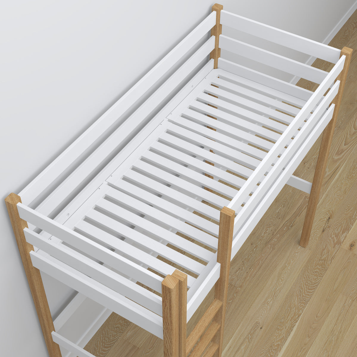 Lit mezzanine en bois blanc-chêne – détails des assemblages et de l'échelle, Nizio Home