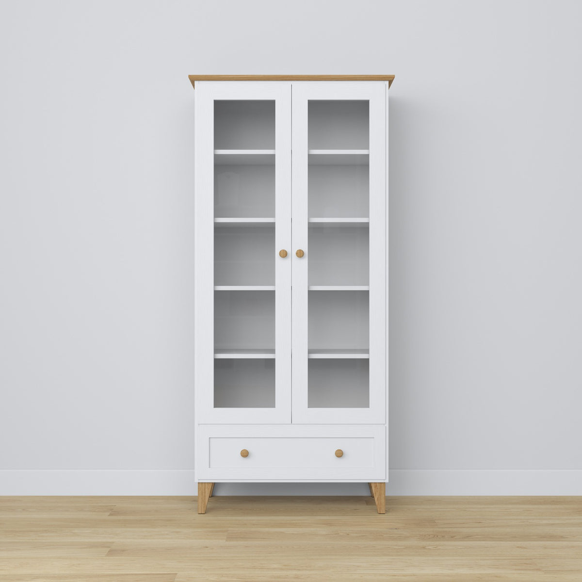 Display cabinet 1S wooden white with oak – open drawer, storage for small items