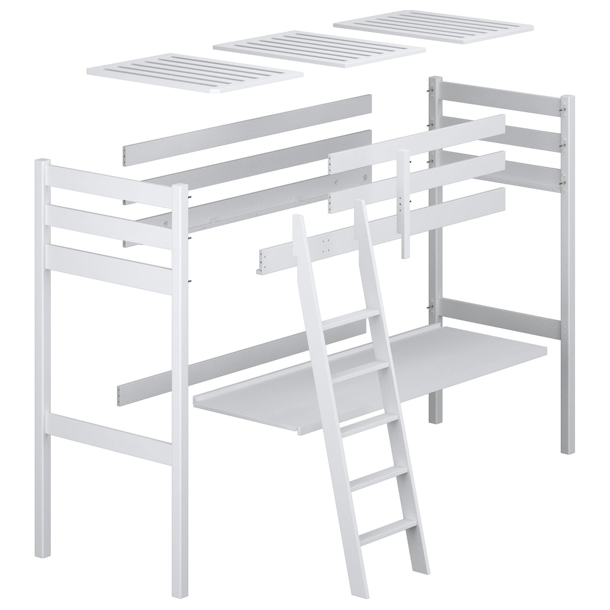 Lit mezzanine pin naturel avec bureau – plateau i assemblages en bois, gros plan