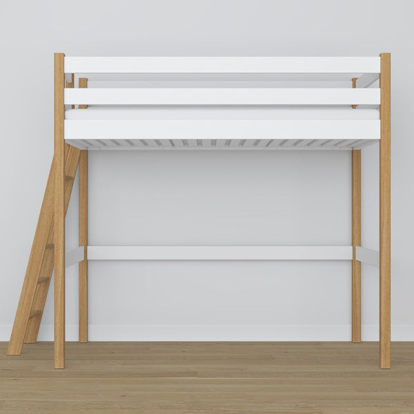 Loft bed white/oak – wooden ladder and safety rail, Nizio Home