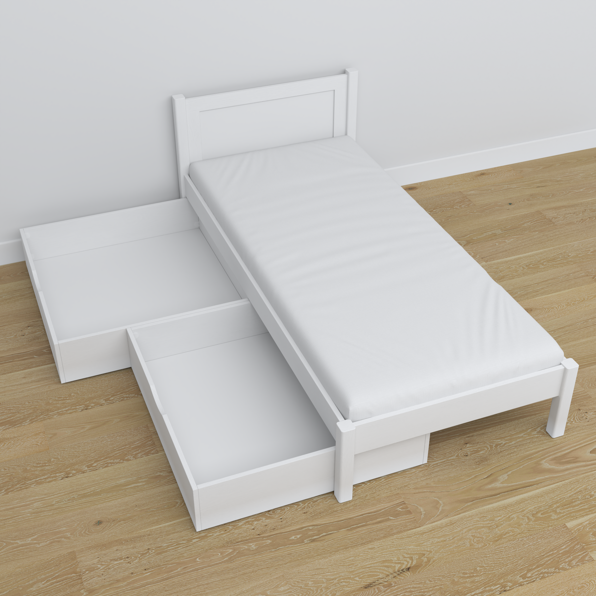 Lit blanc z tiroir en bois – vue en biais